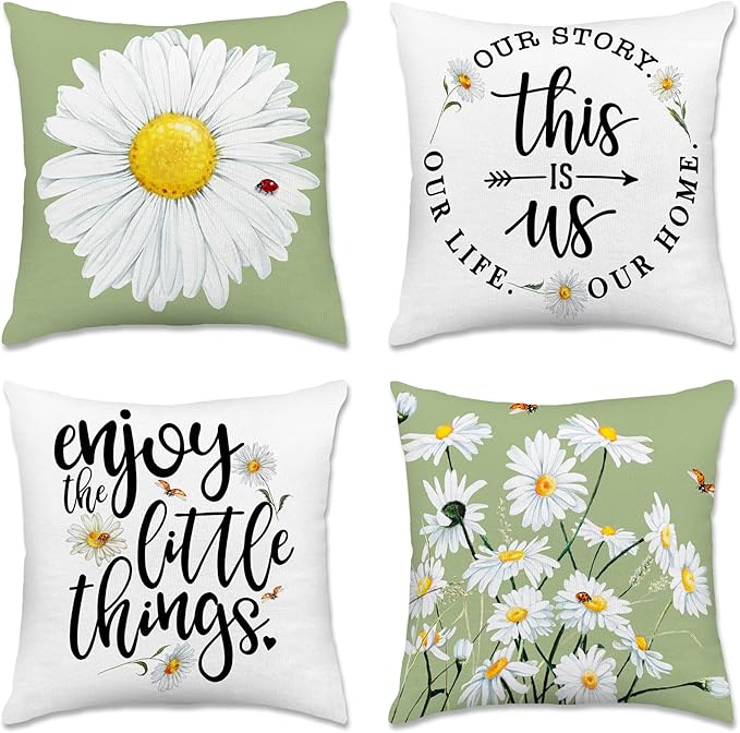 Hexagram Spring Summer Pillow Covers 16x16 Set of 4, Floral Daisy Outdoor Decorative Throw Pillow Covers, Green Farmhouse Cushion Case for Couch Sofa Living Room Bedroom Home Indoor Decor(No Insert)