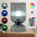 Modern RGB Glass Table Lamp with Remote，Color Changing Bedside Lamp with Ribbed Glass Shade, 16 Colors, On/Off Cord Switch, Nightstand Lamp for Bedroom, Living Room, Office, Bulb Included