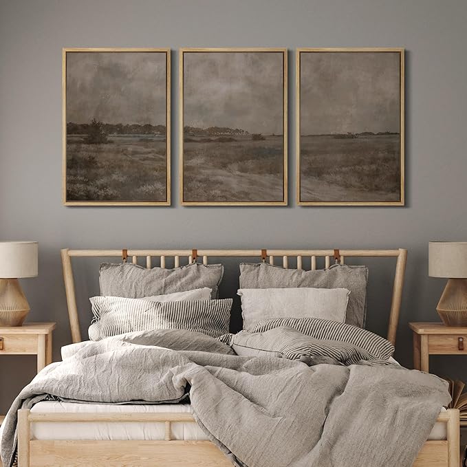 MUDECOR Framed Wall Art Print Set Vintage Neutral Countryside Landscape Rustic Field Path and Distant Trees Illustrations Modern Art Decorative for Living Room, Bedroom, Office - 24"x36"x3 NATURAL