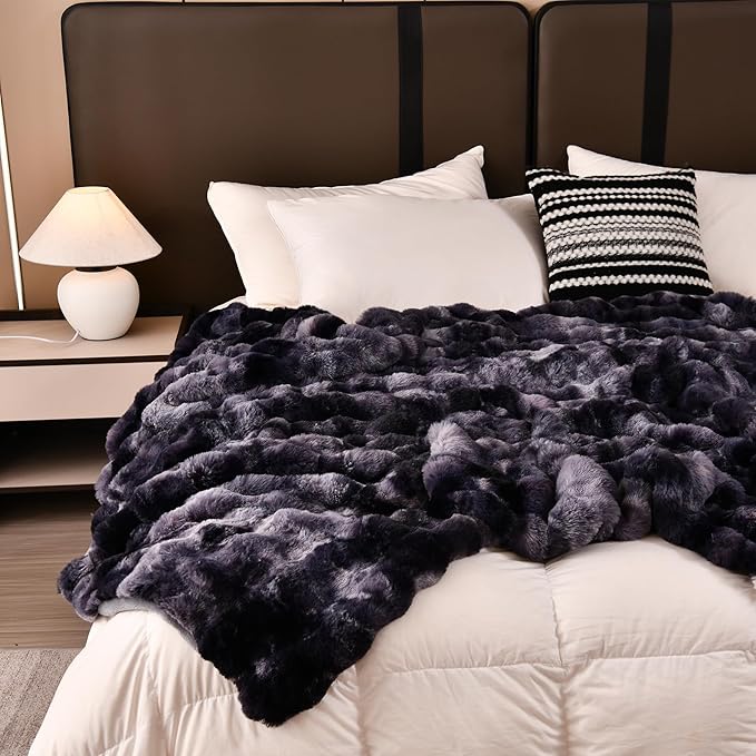 H&D Faux Fur Throw Blanket for Couch,Fluffy Cozy Soft Plush Luxury Thick Fuzzy Fleece Blanket for Couch Bed Sofa Bedroom Living Room,Comfy Bubble Blanket