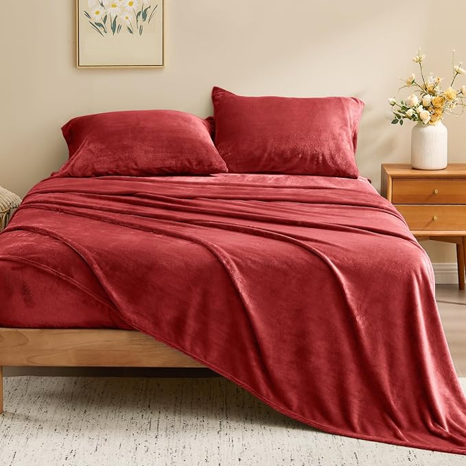BEDELITE Flannel Sheets Full Size Red - Super Soft Fleece Sheets Set Fluffy Extra Plush, 4 Piece(Include Fitted Sheet, Flat Sheet, 2 Pillowcases)