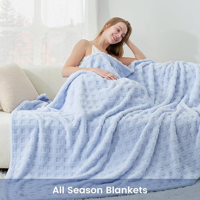 Cozy Bliss Ultrasoft Waffle Throw Blanket, Fluffy Cute Plush Blanket for Couch, Bed, Modern Home Accent, Portable for Picnic or Outdoor, Light Blue, 60"x80"