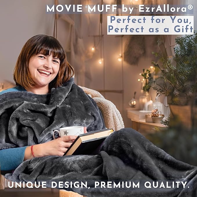 Fleece Lightweight Foot Pocket Blanket -Patent Pending- Dorm Gamer Useful Gift for Men - TV Throw - Father's Day Premium Gifts for Dad Who Wants Nothing (Fleece, Velvet Anthracite)