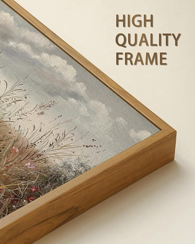 SHENIFY Vintage Landscape Framed Wall Art Meadow with Flowers Farmhouse Decor Retro Wildflower Field Scenery Painting for Hallway Bedroom Living Room Dining Room - 20x40in Natural Framed