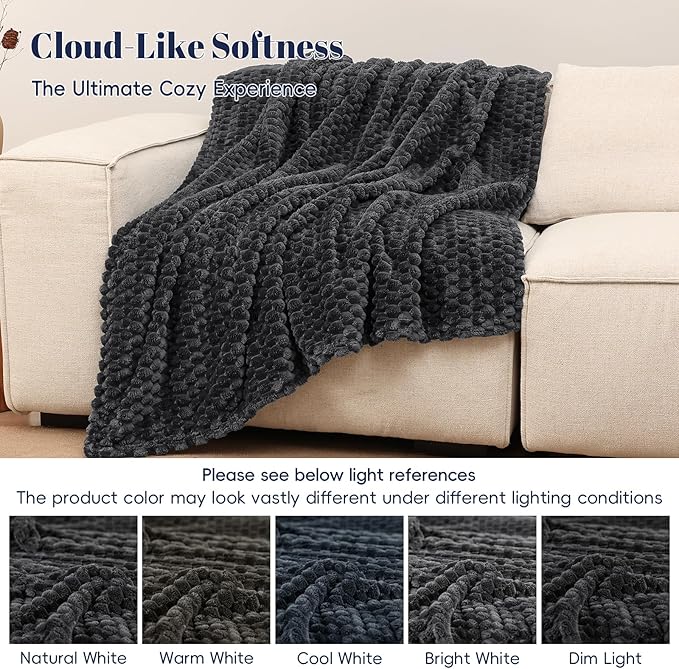PHF Ultra Soft Flannel Fleece Throw Blanket, Lightweight 3D Jacquard Fleece Blanket, No Shedding, No Pilling, Luxury 340GSM Aesthetic Fluffy Cozy Throws for Couch Room Decor, 50"x60", Dark Grey
