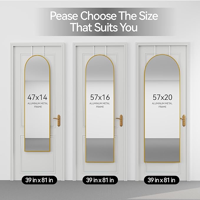 57x16 Door Hanging Full Length Mirror, Floor Stand (Height 5.7ft just Body in1.3ft) / Wall Mounted Metal Frame Arch Dressing Mirrors for Bedroom Living Room 57 inch Gold