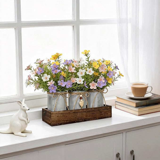 Artificial Gypsophila Baby's Breath, Rustic Table Centerpieces Home Decor for Dining Room, Farmhouse Wood Planter Box with 3 Galvanized Metal Pots Decorative Table Centerpiece