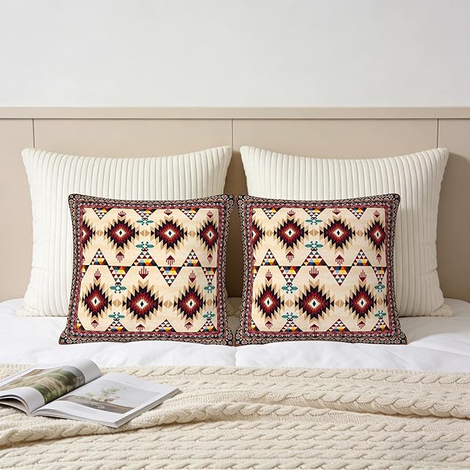 Native American Navajo Geometric Throw Pillows Covers 2 Pack 18" x 18", Polyester Double-Sided Southwestern Aztec Tribal Cushion Cases, Rustic Southwestern Home Decor for Sofa Living Room Cabin Decor