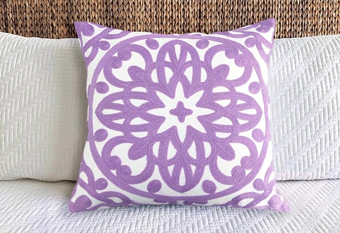 Alysheer Embroidered Decorative Throw Pillow Covers 18"x18" Set of 2 Pieces, Cozy Boho Mandala Knit Pattern, 100% Cotton Canvas Light Purple Cushion Cases for Sofa Couch Living Room (Lilac Lavender)