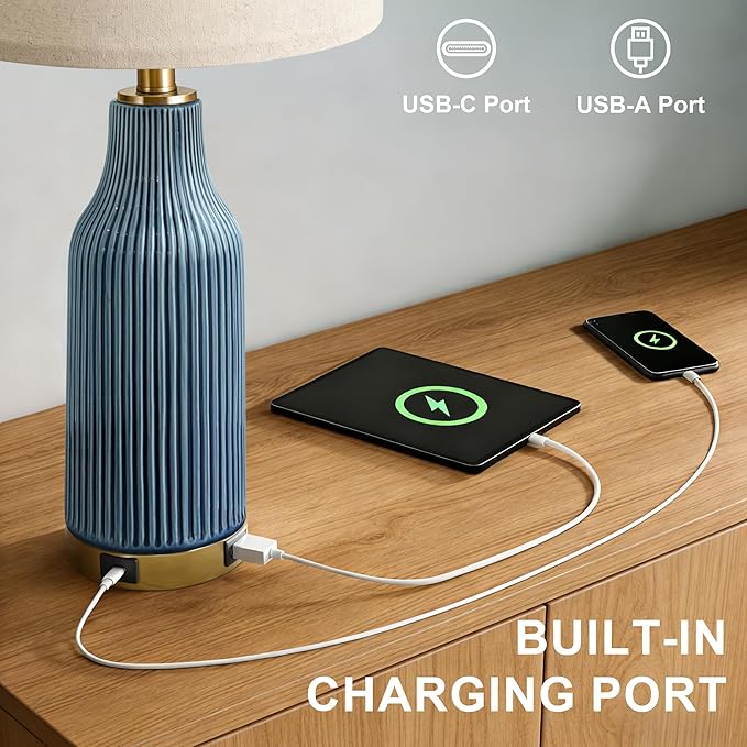 24.5" Modern 3-Way Dimmable Touch Control with 5FT Cord & USB A+C Ceramic Lamps Set of 2 Table Lamp for Living Room Bedroom Farmhouse Nightstand Bedside Blue