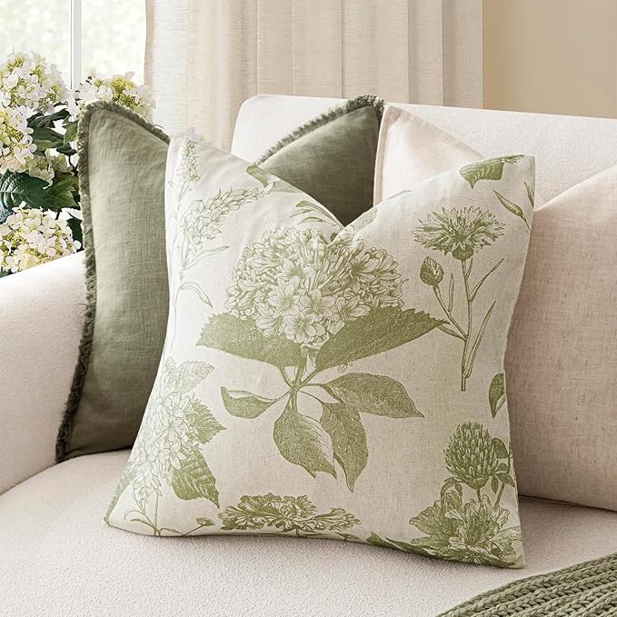 Foindtower Set of 2 Linen Floral Throw Pillow Covers Vintage Accent Print Decorative Cozy Cushion Covers Farmhouse Boho Home Decor for Sofa Chair Couch Bedroom Living Room,20×20 Inch,Light Green