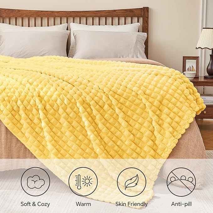 BEDELITE Light Yellow Throw Blanket Twin Size for Bed- Super Soft and Warm 3D Checkered Fluffy Fuzzy Fleece Blanket, Luxurious Plush Cozy Blanket for Room Decor Fall and Winter, 60x80 inches