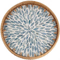 Round Rattan Tray with Mother of Pearl Inlay, Rattan Serving Tray for Coffee, Bread, Fruits, Decorative Wicker Tray for Table Decor, Home Decor, Kitchen Island Decor (Light Blue Leaf, 11.8")