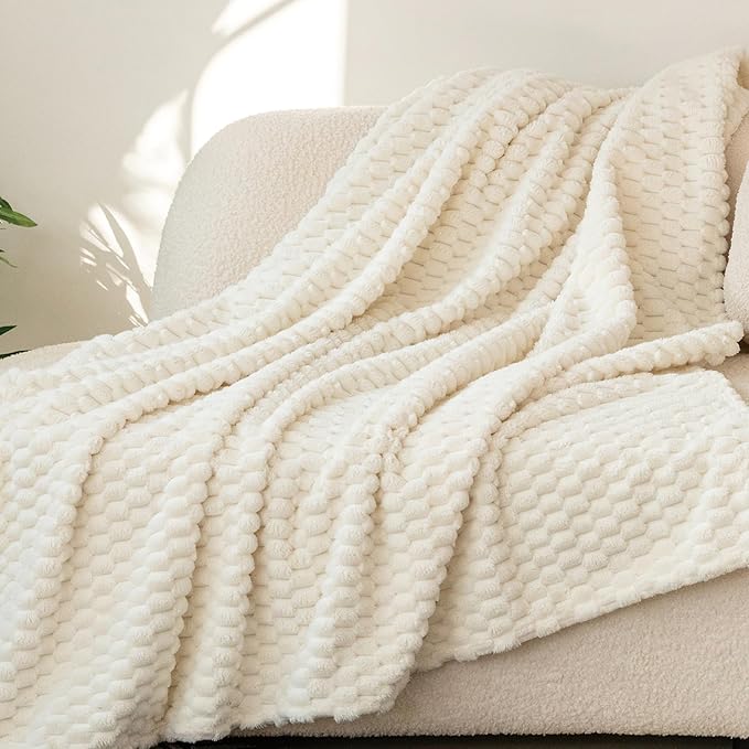 Super Soft Fleece Twin Blanket 50x70 Inches for Couch, Premium Silky with 3D Imitation Turtle Shell Jacquard Decorative Blankets, Lightweight and Cozy for Sofa.Ivory