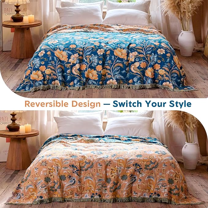 Boho Throw Blanket 60"x80" 100% Cotton Floral Twin Size Bed Blanket with Flower Bird,Reversible Soft Breathable Lightweight Spring Decorative Blankets with Fringe for Couch Sofa Decor All Season