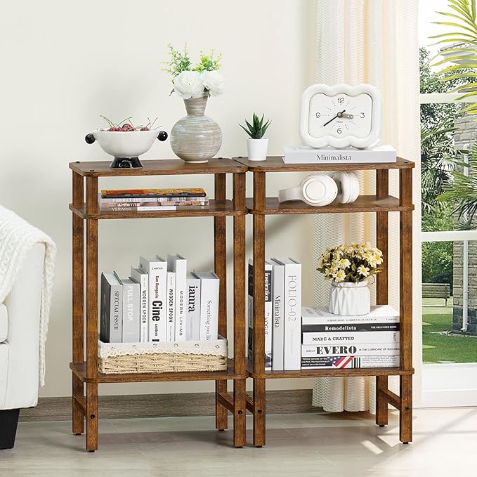Side Table End Table Tall Night Stand 3-Tier 2 Pack for Living Room Bedroom Bathroom Office Furniture Brown