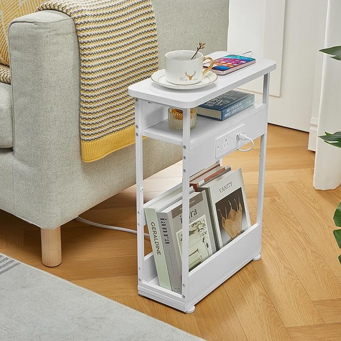 Narrow Side Table with Charging Station, 3-Tier End Table with 2 USB Ports & Power Outlets,Thin Sofa Side Table for Narrow and Small Spaces, Bedside Table Nightstand for Living Room,White