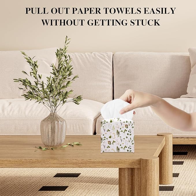 Leaves Tissue Box Cover, Green Tissue Holder Square with Bottom Belt for Home Bathroom Office Vanity Countertop, Housewarming Gifts Ideas for Women Friends Mom Bestie -03