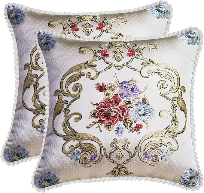 SZHELEJIAM Pillow Cover Set of 2, Jacquard Vintage Embroidered Pillow Case, for Sofa Cushion Cover for Sofa, Bed, Living Room, Throw Pillow Covers 18x18 Beige