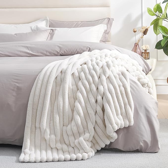 Amélie Home Faux Fur Throw Blanket for Couch, Cozy Fuzzy Fluffy Fur Luxurious Soft Striped Plush Gift Blankets for Family Sofa Chair, 60"x80", Ivory