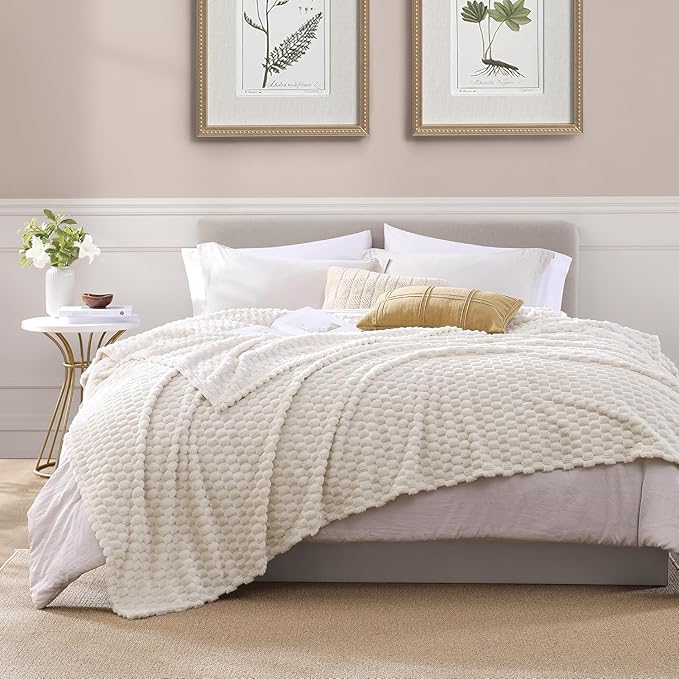 Monbix Ivory Fleece Throw Blanket for Couch- Room Decor Soft Cozy Blankets for Women, Lightweight Fleece Flannel Bed Blanket Suitable for All Seasons(50"×60",Ivory)
