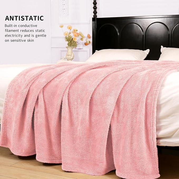 Plush Fleece Throw Blanket for Couch and Bed, Fluffy Fuzzy Cozy Queen-Size Soft Blankets All Season Use (60x80 Inches,Pink)