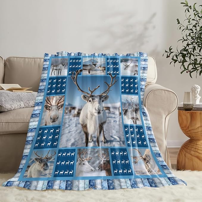 Reindeer Blanket for Girls Women Boys Men Adults Kids Soft Cozy Fleece Deer Moose Throw Blankets Gifts Warm Flannel Plush Lightweight Decor for Couch Bed Sofa 80"X60"