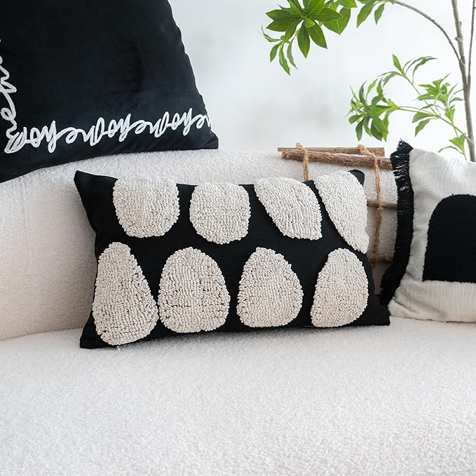 Black White Boho Chunky Tufted Pillow Cover, Neutral Decorative Oblong Throw Pillow Case, Geometric Woven Modern Sham for Bed Couch Living Room, 12x20 inches, 1PCS