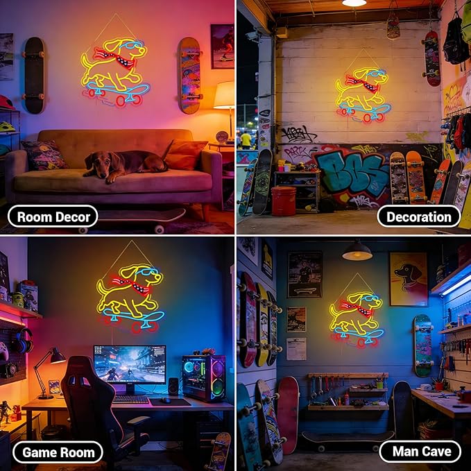Dachshund Skateboarding Neon Sign, Skateboard Dog Neon Signs for Wall Decor Cool LED Wall Art Decor, Dimmable Dog Lover Gift for Living Room, Bar, Shop, or Birthday Party (Dachshund -Blue)