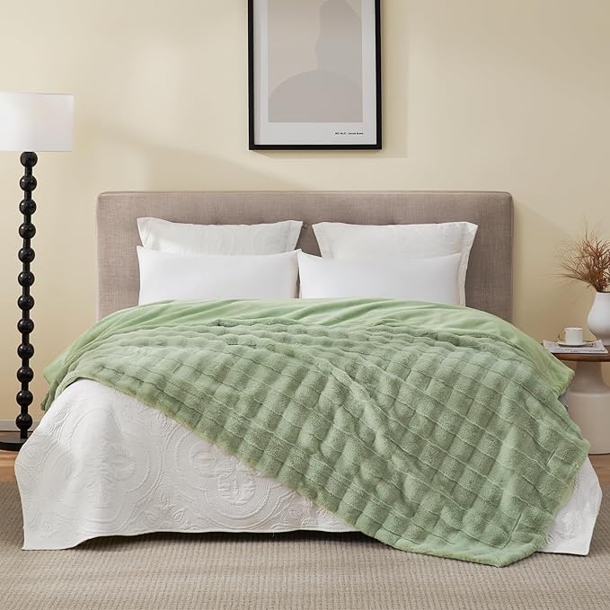 Cozy Bliss Fluffy Faux Fur Blanket King Size for Bed, Fuzzy Soft Striped Plush Blanket, Thick Throw for Bedroom Couch Gift, 108x90 Inches Sage Green