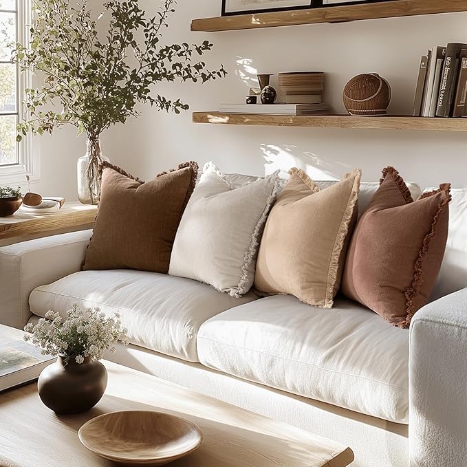 MIULEE Decorative Couch Pillow Covers Neutral Linen Fringe Throw Pillows Set of 4 Accent Rustic Cushions Boho Farmhouse Pillowcases for Bed Sofa Living Room Spring Home Decor 18x18 Inch Beige/Brown