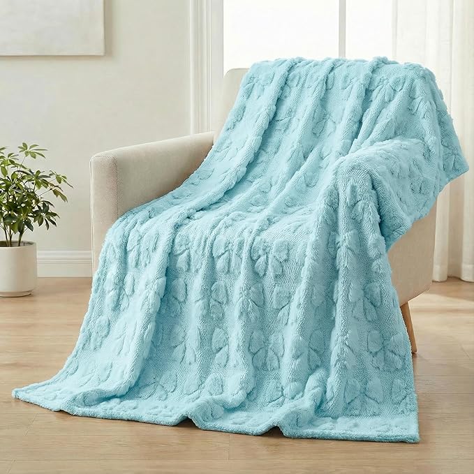 Horaldaily Valentine Bow Blanket Throw, Blue Bow Soft Fuzzy Plush Faux Fur Cozy Blankets for Couch Sofa Bed Lounging, Ideal Gifts for Kids Adults Wife Self, 60x80