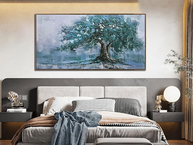 Ardemy Extra Large Framed Tree Canvas Wall Art for Living Room, Teal Tree of Life Landscape Bedroom Picture Wall Decor, Nature Painting Artwork for Wall Home Office Dining Room Kitchen 58"x29"