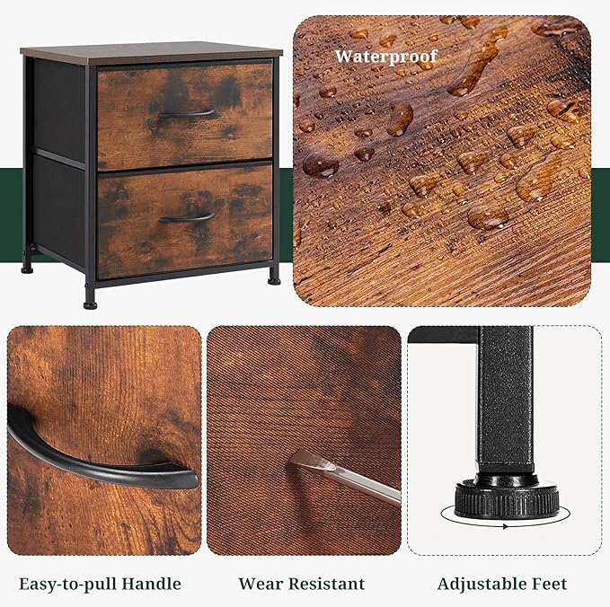 Nightstand Set of 2, Small 2 Drawer Dresser End Table Bedside Furniture, Wooden Top Fabric Bins for Bedroom, Closet, Entryway, Dorm, 11.8" D x 18" W x 20", Brown