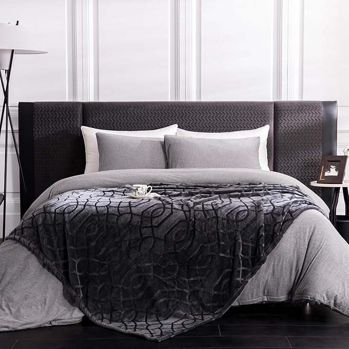 Soft Cozy Fleece Twin Blanket, 60x80 Inches – Lightweight Plush Blanket for Couch, Fuzzy 3D Jacquard Design, for Sofa, Bed & Travel - Dark Grey