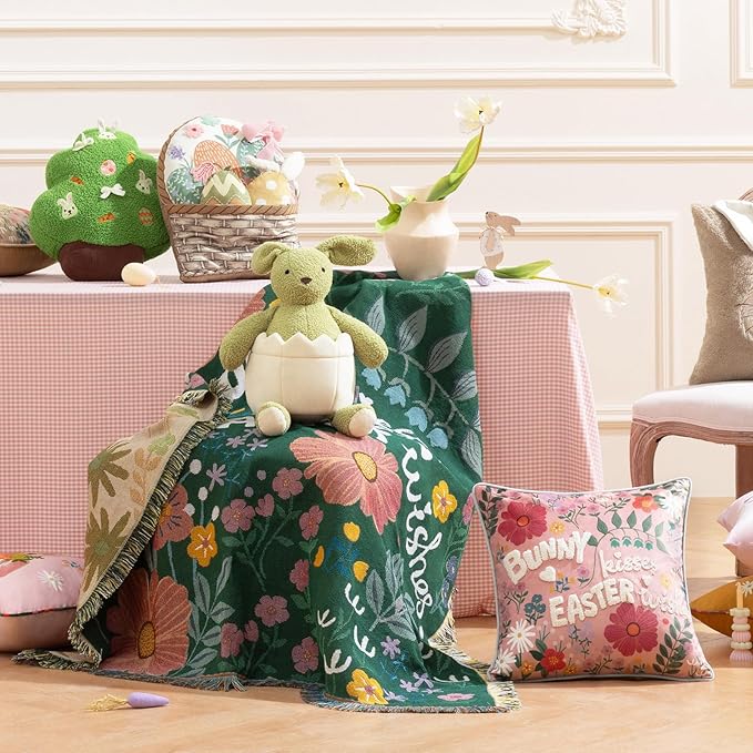Ashler Easter Throw Blanket, Bed Tassel Blanket with Velvet Bag, Soft Breathable Blankets with Easter Flower and Letters Pattern for Couch Sofa Living Room Bedroom Decor, Deep Green, 50 x 60 Inches