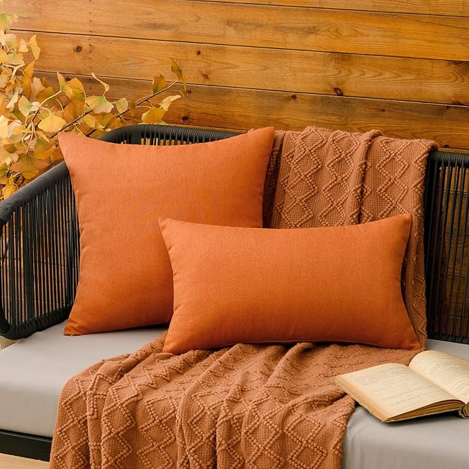 MIULEE Pack of 2 Decorative Outdoor Solid Waterproof Throw Pillow Covers Faux Linen Garden Farmhouse Cushion Cases for Summer Patio Tent Balcony Couch Sofa 16x16 Inch Orange