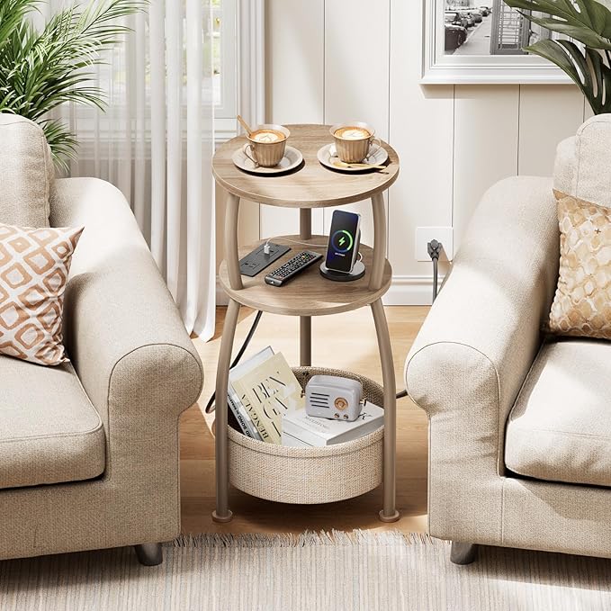 Side Table with Charging Station, Small Round End Table with Basket, USB Port and Outlet, 3 Tiers Sofa Couch Table Bedside Table for Living Room Bedroom, Small Spaces, 11.81in Light Oak