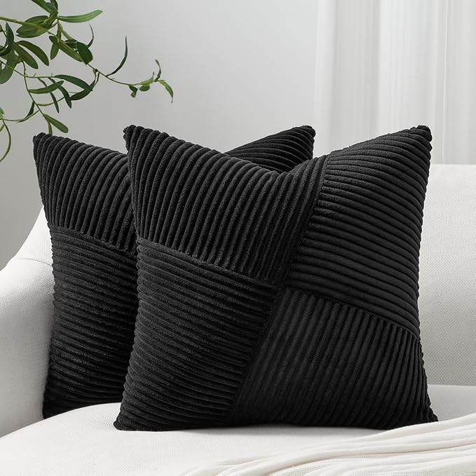 Topfinel Black Set of 2 Decorative Throw Pillow Covers 18x18 Inch for Couch Sofa Bed Pillowcases, Farmhouse Boho Rustic Home Decor,Soft Corduroy Windmill Textured Striped Patchwork Cushion Cases