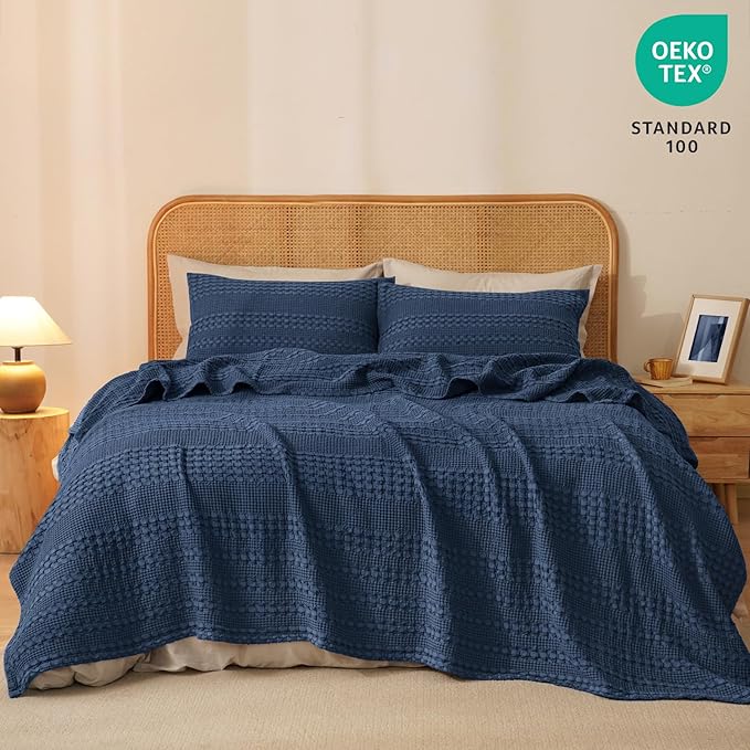 PHF 100% Cotton Waffle Weave Blanket Twin Size for Bed, Soft Lightweight & Breathable for Spring and Summer, All-Season Comfort, Luxury Aesthetic Blanket for Home Decor, 66"x90", Blue Sapphire