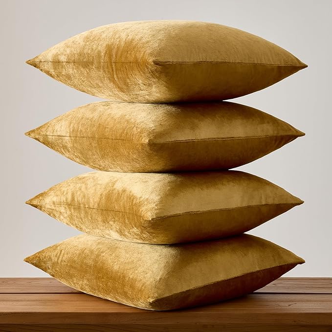 GIGIZAZA Decorative Pillow Covers 20x20: Pack of 4 Soft Throw Pillows Square Golden Covers - Velvet Solid Luxury Couch Cushion Covers for Living Room,Bedroom,Sofa,Room Decor