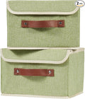 2PCS Storage Boxes with Lid Cotton Linen Fabric Storage Bins Organizer Container Decorative Collapsible Washable Shelf Closet Baskets Faux Leather Handles Home Bedroom (Green, Small Size)