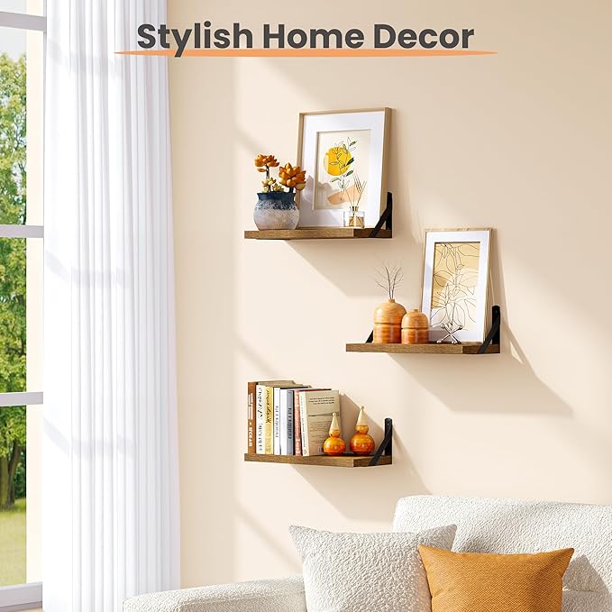 upsimples 15.7 Inches Floating Book Shelves for Wall, Wood Shelves for Living Room, Bathroom, Bedroom, Kitchen Storage and Decoration, Brown