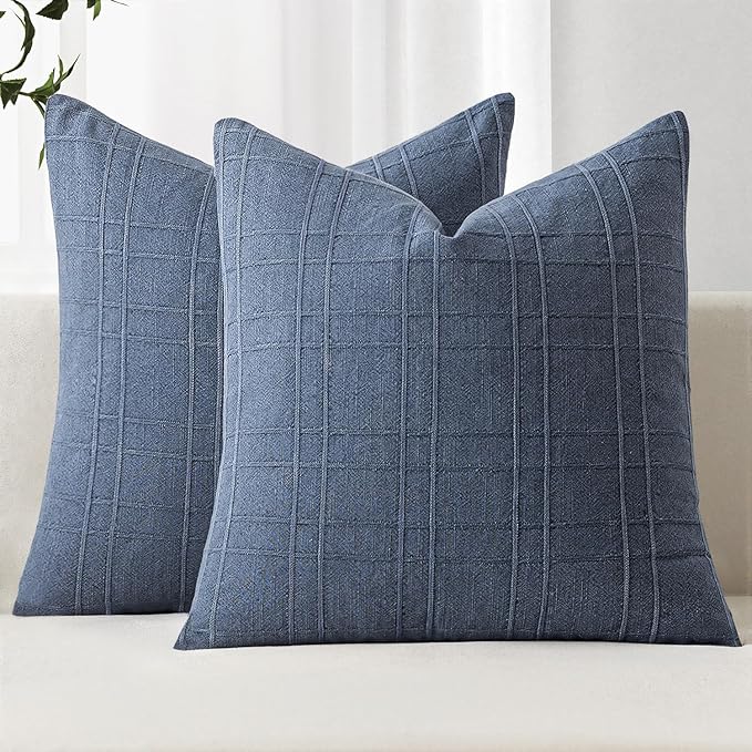 MIULEE Decorative Linen Check Euro Shams Throw Pillow Covers Neutral Farmhouse Vintage Pillow Covers 26x26 Set of 2 Boho Modern Home Decor for Sofa Couch Bedroom Cushion Blue