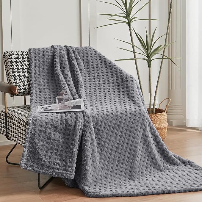 Soft Cozy Fuzzy Fleece Throw Blanket, Waffle Light Grey, 50x60 Inches – Lightweight, Fluffy, and Warm 3D Jacquard All-Season Blanket for Couch, Bed, Sofa, Home Decor, Camping, and Travel