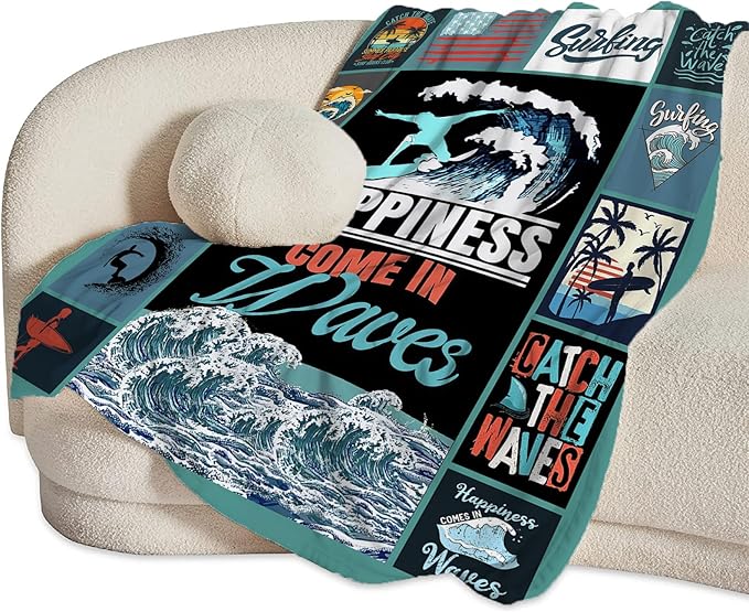 Surfing Blanket Surfing Surfboard Throw Blankets Decor Stuff Cozy Flannel Fleece Soft Plush Fuzzy Warm Lightweight Bedding Ocean Lovers Gifts for Women Girls Kids 80"X60"