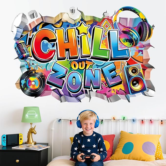 decalmile 3D Chill Out Zone Game Wall Decals Video Gaming Gamer Headset Wall Stickers Boy Kids Bedroom Teenagers Playroom Home Decor