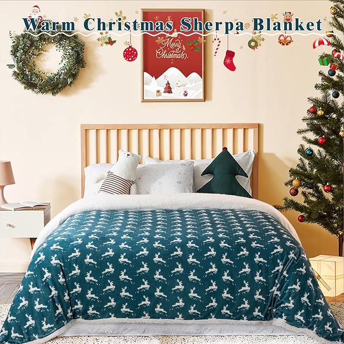 LBRO2M Sherpa Fleece Bed Blanket Queen Size,Christmas Super Soft Fuzzy Plush Warm Cozy Fluffy Microfiber Couch Throw Velvet Double Reversible Luxurious Blankets Green White Deer