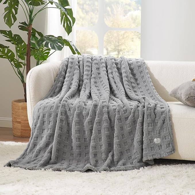 Cozy Bliss Ultrasoft Waffle Throw Blanket, Fluffy Cute Plush Blanket for Couch, Bed, Modern Home Accent, Portable for Picnic or Outdoor, Grey, 60"x80"