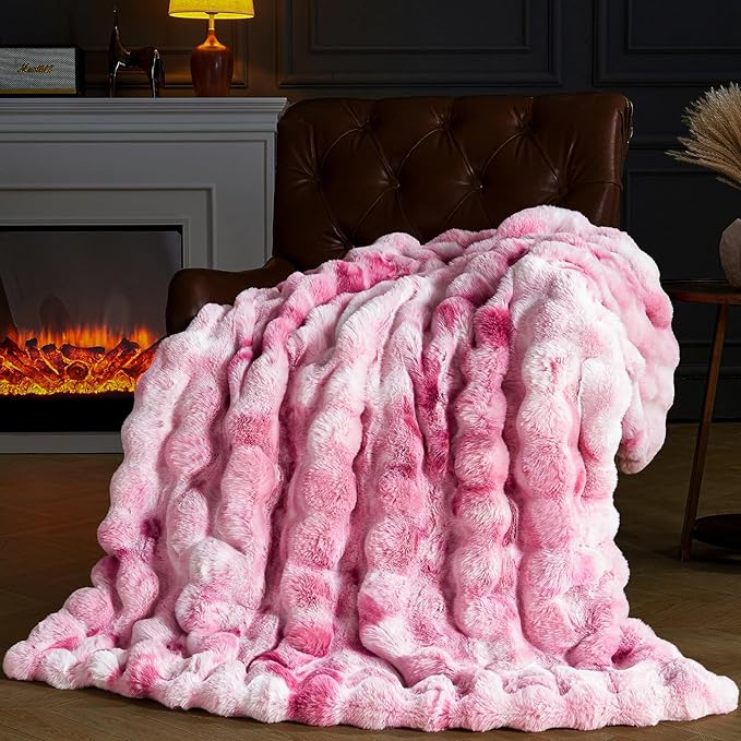Faux Fur Throw Blanket for Couch, Fluffy Fuzzy Plush Bubble Blanket, Soft Warm Cozy Shaggy Rabbit Blanket, Luxury Decorative Gifts for Sofa Bedroom Living Room, 60x80inch (Tie-Dye-Pink)